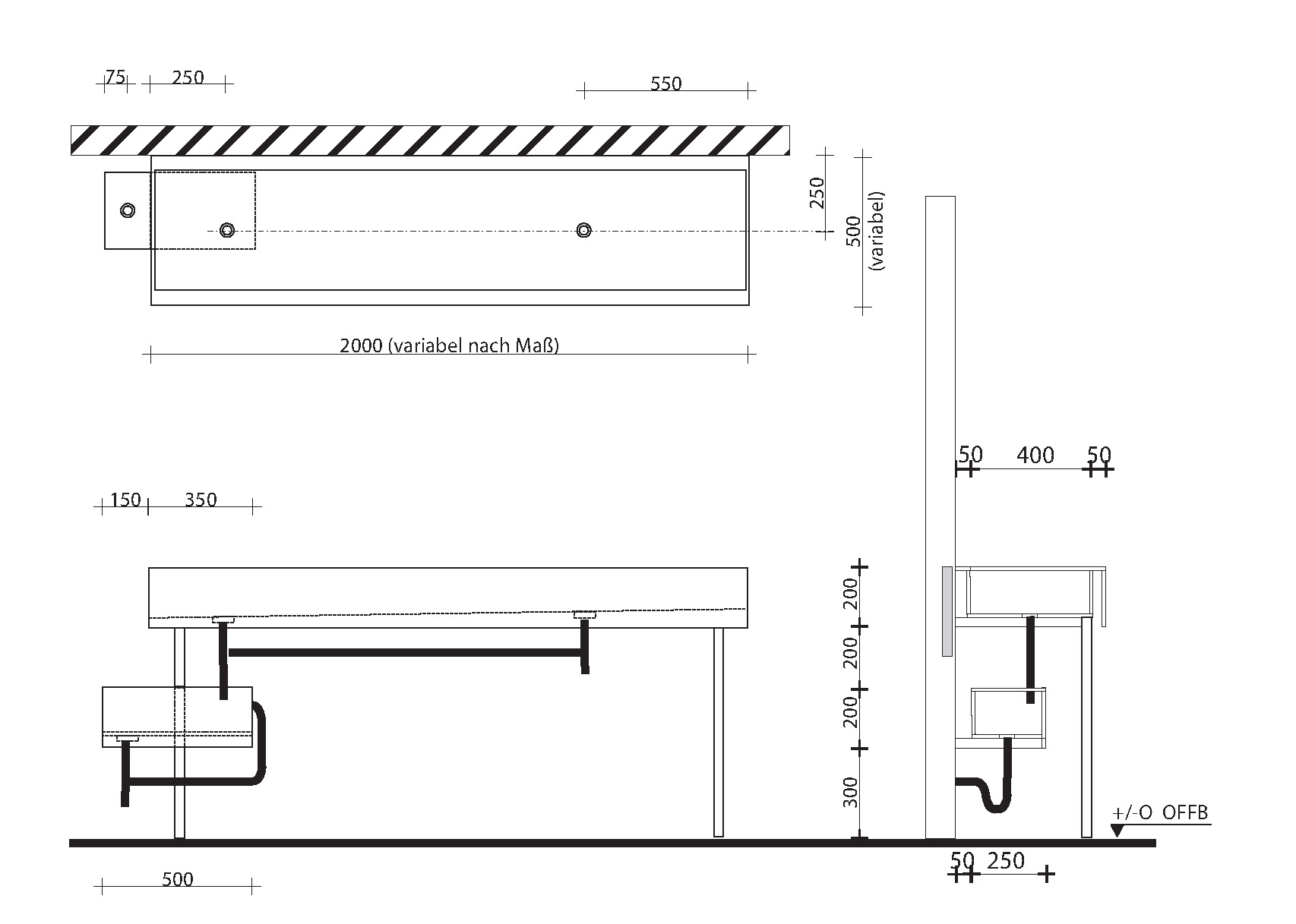 Ausgussbecken Installationsmaße Skizze